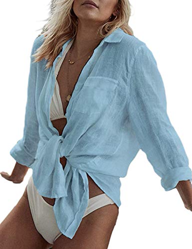 Bsubseach Long Sleeve Beach Shirt Blouses Women Turn Down Collar Bikini Bathing Suit Cover Ups Swimwear Apricot