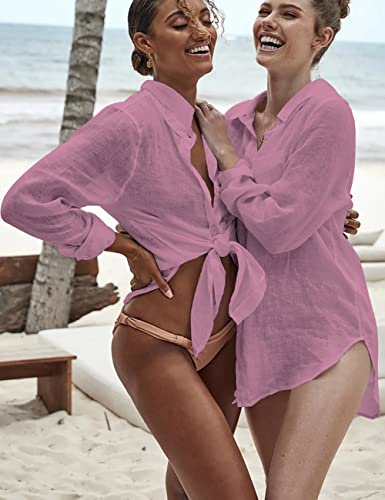Bsubseach Long Sleeve Beach Shirt Blouses Women Turn Down Collar Bikini Bathing Suit Cover Ups Swimwear Apricot
