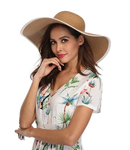 Lanzom Womens 5.5 Inches Wide Brim Straw Hat Floppy Foldable Roll up Cap Beach Sun Hat