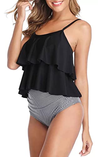 Genfien Swimsuit for Women Two Piece Bathing Suits Ruffled Flounce Top with High Waisted Bottom Bikini Set