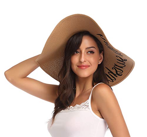 Lanzom Womens 5.5 Inches Wide Brim Straw Hat Floppy Foldable Roll up Cap Beach Sun Hat