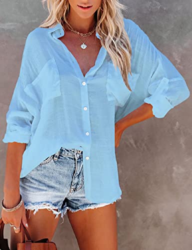 Bsubseach Women Casual Navy Turn Down Collar Bikini Bathing Suit Cover Ups Long Sleeve Beach Cover Up with Pockets