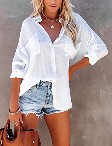 Bsubseach Women Casual Navy Turn Down Collar Bikini Bathing Suit Cover Ups Long Sleeve Beach Cover Up with Pockets