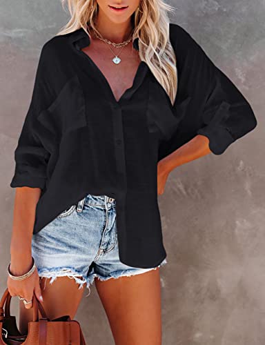 Bsubseach Women Casual Navy Turn Down Collar Bikini Bathing Suit Cover Ups Long Sleeve Beach Cover Up with Pockets