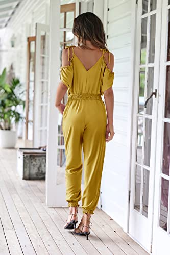 ECOWISH Women's V Neck Spaghetti Strap Drawstring Waisted Long Pants Jumpsuit Rompers