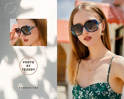FEISEDY Oversized Polarised Square Sunglasses Sparkling Composite Large Frame Ladies Sunglasses Classic Womens Sunglasses