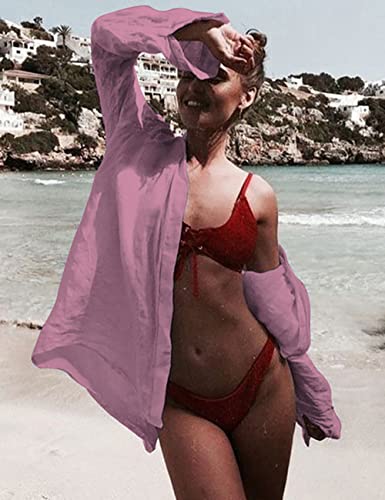 Bsubseach Long Sleeve Beach Shirt Blouses Women Turn Down Collar Bikini Bathing Suit Cover Ups Swimwear Apricot