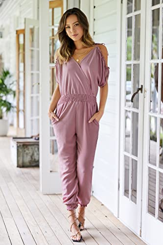 ECOWISH Women's V Neck Spaghetti Strap Drawstring Waisted Long Pants Jumpsuit Rompers