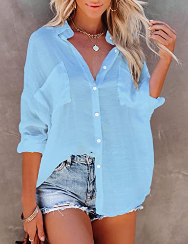 Bsubseach Women Casual Navy Turn Down Collar Bikini Bathing Suit Cover Ups Long Sleeve Beach Cover Up with Pockets