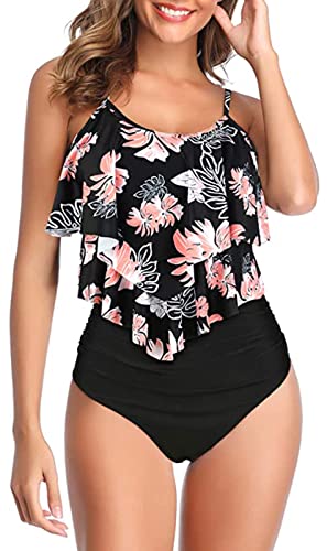 Genfien Swimsuit for Women Two Piece Bathing Suits Ruffled Flounce Top with High Waisted Bottom Bikini Set