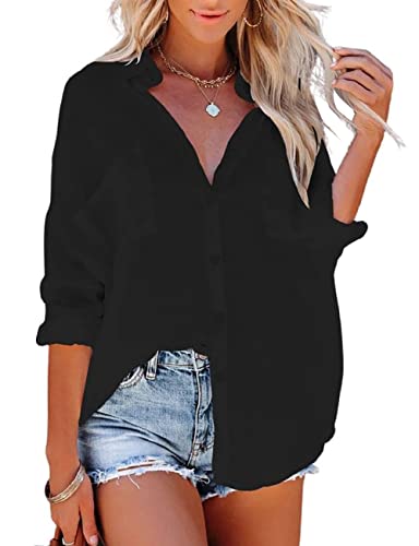 Bsubseach Women Casual Navy Turn Down Collar Bikini Bathing Suit Cover Ups Long Sleeve Beach Cover Up with Pockets