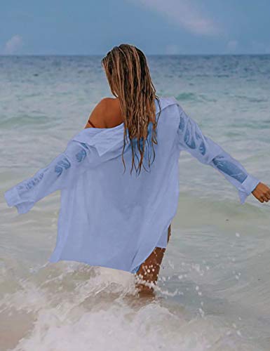 Bsubseach Long Sleeve Beach Shirt Blouses Women Turn Down Collar Bikini Bathing Suit Cover Ups Swimwear Apricot