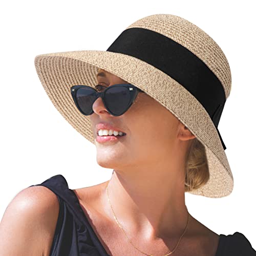 Comhats Sun Hats for Women Foldable UV Protection Large Wide Brimmed Floppy Panama Style Straw Beach Hat Fashionable Fedora Adjustable Beige