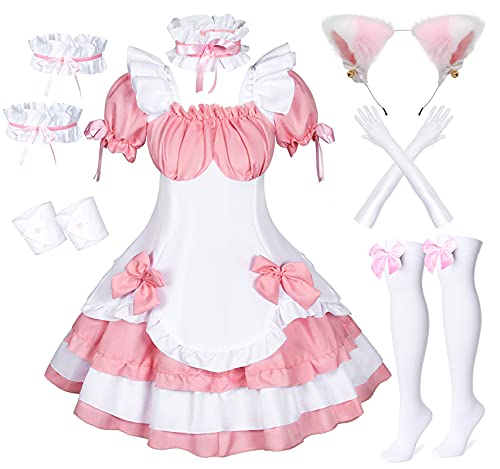 Wannsee Anime French Maid Apron Lolita Fancy Dress Cosplay Costume Furry Cat Ear Gloves Socks Set