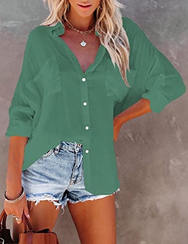 Bsubseach Women Casual Navy Turn Down Collar Bikini Bathing Suit Cover Ups Long Sleeve Beach Cover Up with Pockets