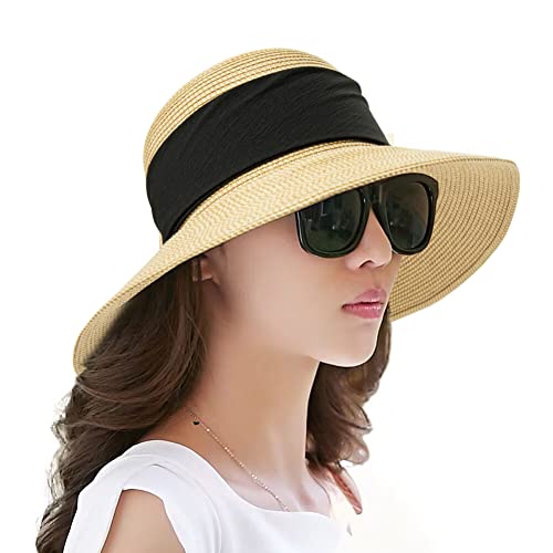 Comhats Sun Hats for Women Foldable UV Protection Large Wide Brimmed Floppy Panama Style Straw Beach Hat Fashionable Fedora Adjustable Beige