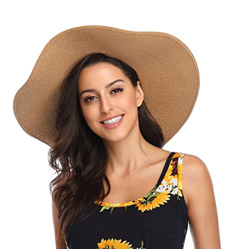 Lanzom Womens 5.5 Inches Wide Brim Straw Hat Floppy Foldable Roll up Cap Beach Sun Hat