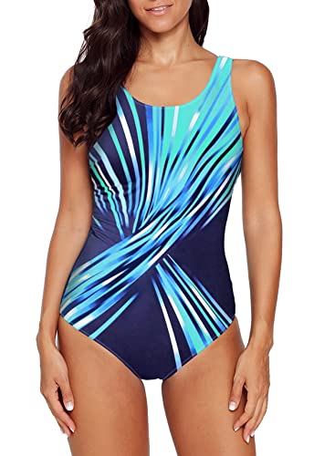 Aleumdr Ladies Gradient Color Block Printed Soft Cup Swimming Suits Sleeveless One Piece Swimming Costume for Women