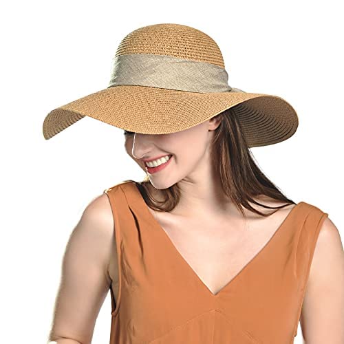 Comhats Sun Hats for Women Foldable UV Protection Large Wide Brimmed Floppy Panama Style Straw Beach Hat Fashionable Fedora Adjustable Beige
