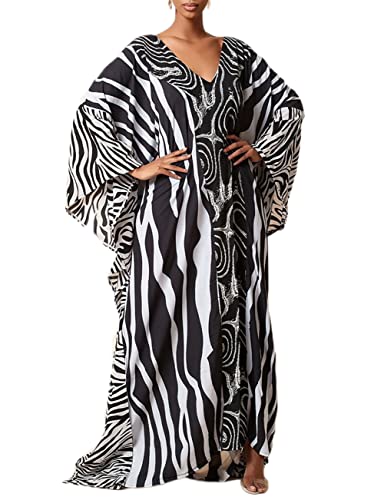 Bsubseach Green Snake Print Loose Kaftan Dress Plus Size Beach Cover Up Half Sleeve Caftan Maxi Dress for Women