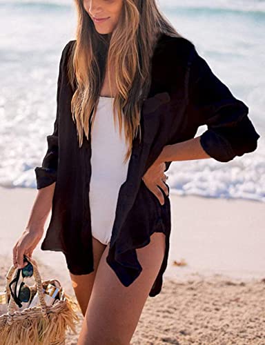 Bsubseach Long Sleeve Beach Shirt Blouses Women Turn Down Collar Bikini Bathing Suit Cover Ups Swimwear Apricot