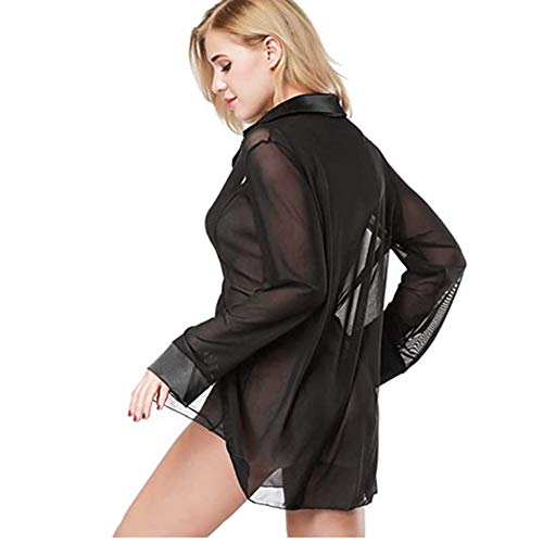 Womens Sexy Sheer Shirt Sleepshirt Pajamas See Through Babydoll Nightshirts Sleepwear Nightwear Long Sleeve Blouse Button Up for Women Ladies Bedroom Sex
