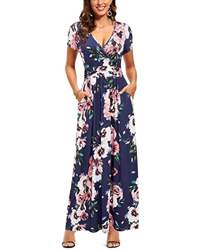 OUGES Women's Summer Casual V Neck Short Sleeve Floral Pattern Wrap Ladies Maxi Long Dress with Pockets