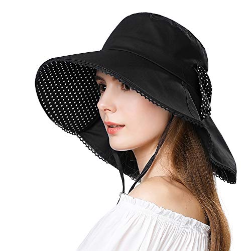 Comhats Ladies Sun Hat Foldable UPF 50 Wide Brim with Neck Protection Summer Spring UV Cotton Safari Gardening Walking Hat with Chin Strap Beige Small