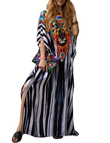 Bsubseach Green Snake Print Loose Kaftan Dress Plus Size Beach Cover Up Half Sleeve Caftan Maxi Dress for Women
