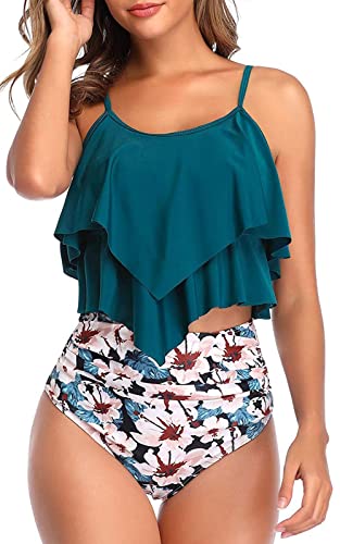 Genfien Swimsuit for Women Two Piece Bathing Suits Ruffled Flounce Top with High Waisted Bottom Bikini Set