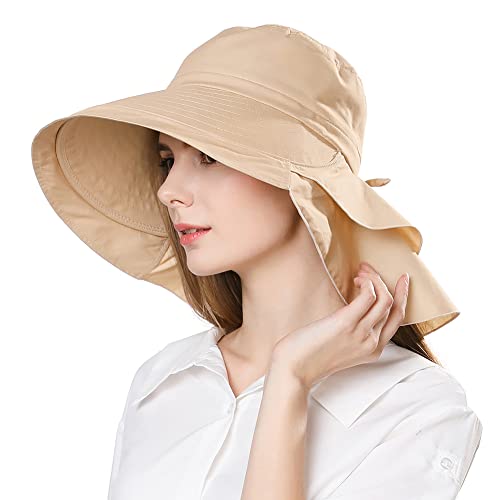 Comhats Ladies Sun Hat Foldable UPF 50 Wide Brim with Neck Protection Summer Spring UV Cotton Safari Gardening Walking Hat with Chin Strap Beige Small