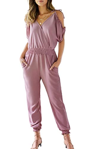 ECOWISH Women's V Neck Spaghetti Strap Drawstring Waisted Long Pants Jumpsuit Rompers