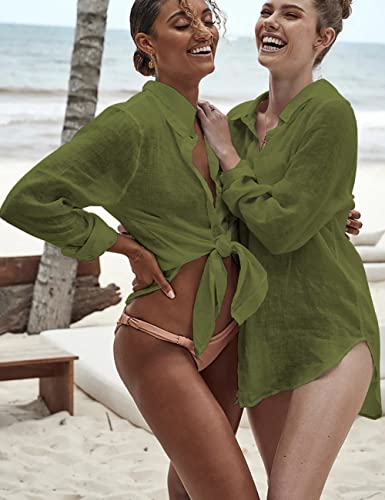Bsubseach Long Sleeve Beach Shirt Blouses Women Turn Down Collar Bikini Bathing Suit Cover Ups Swimwear Apricot