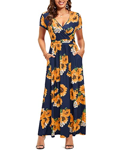 OUGES Women's Summer Casual V Neck Short Sleeve Floral Pattern Wrap Ladies Maxi Long Dress with Pockets