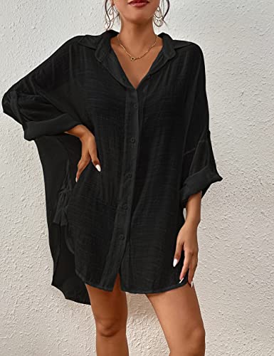 Bsubseach Women Casual Navy Turn Down Collar Bikini Bathing Suit Cover Ups Long Sleeve Beach Cover Up with Pockets