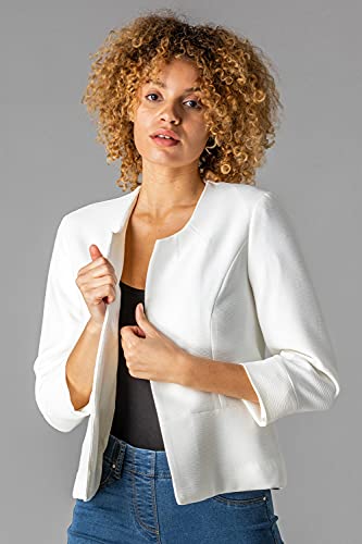 Roman Originals Cropped Bolero Jacket Shrug for Women UK Ladies Jacquard Tailored Fitted Blazer Round Collar Smart Work Formal Evening Wedding Guests Short 2 Pockets