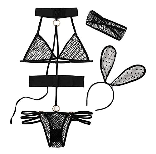 Women's Sexy Bunny Cosplay Lingerie Naughty Fishnet Teddy Bodysuit Bandage Bikini Roleplay Costume Mesh Bra Panty Sets Black