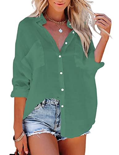 Bsubseach Women Casual Navy Turn Down Collar Bikini Bathing Suit Cover Ups Long Sleeve Beach Cover Up with Pockets