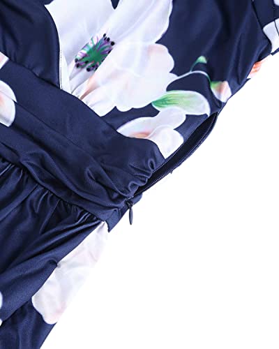 OUGES Women's Summer Casual V Neck Short Sleeve Floral Pattern Wrap Ladies Maxi Long Dress with Pockets