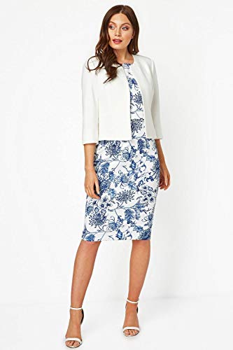 Roman Originals Cropped Bolero Jacket Shrug for Women UK Ladies Jacquard Tailored Fitted Blazer Round Collar Smart Work Formal Evening Wedding Guests Short 2 Pockets