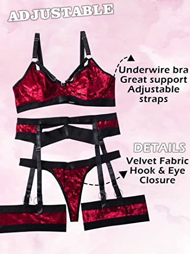 popiv Sexy Lingerie Set for Women 4 Piece Bra and Panty Set with Garter Belt Strappy Lingerie Set with Thigh Cuffs