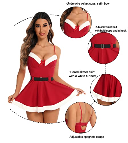 RSLOVE Sexy Christmas Lingerie for Women Santa Babydoll Chemise Sleepwear Dress Teddy Red