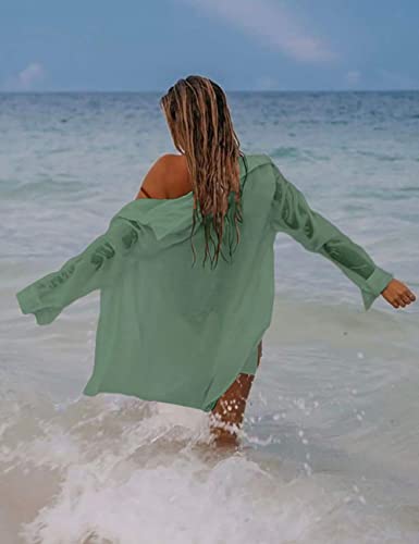 Bsubseach Long Sleeve Beach Shirt Blouses Women Turn Down Collar Bikini Bathing Suit Cover Ups Swimwear Apricot