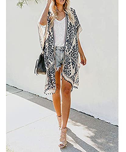 Women Beach Cover Up Kimono Cardigans Pom Pom, Boho Chiffon Sheer Lady Bikini Coverup, Swimsui Pompom Trim, Pool Cardigan Duster, Plus Size Beach Swim Wear, Bathting Suit Swimsuit Swimwear