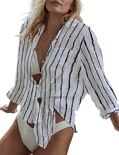 Bsubseach Long Sleeve Beach Shirt Blouses Women Turn Down Collar Bikini Bathing Suit Cover Ups Swimwear Apricot