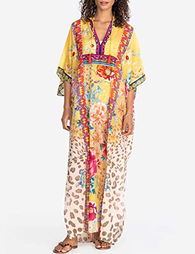 Bsubseach Green Snake Print Loose Kaftan Dress Plus Size Beach Cover Up Half Sleeve Caftan Maxi Dress for Women
