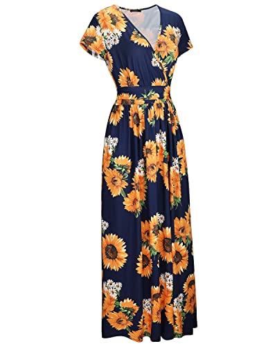 OUGES Women's Summer Casual V Neck Short Sleeve Floral Pattern Wrap Ladies Maxi Long Dress with Pockets