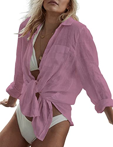 Bsubseach Long Sleeve Beach Shirt Blouses Women Turn Down Collar Bikini Bathing Suit Cover Ups Swimwear Apricot