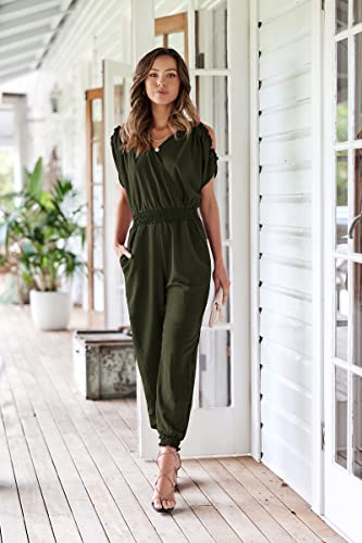 ECOWISH Women's V Neck Spaghetti Strap Drawstring Waisted Long Pants Jumpsuit Rompers