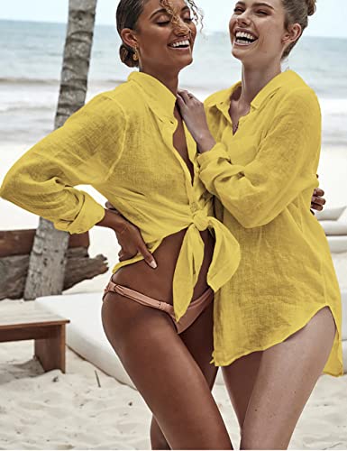 Bsubseach Long Sleeve Beach Shirt Blouses Women Turn Down Collar Bikini Bathing Suit Cover Ups Swimwear Apricot